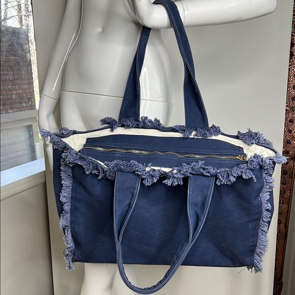 Fringe Canvas Denim Cotton Fringe Zip Top Shoulder Tote Bag - Picture 1 of 7